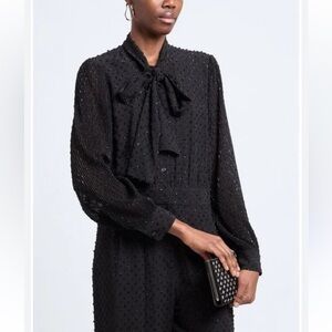 MICHAEL Michael Kors Black Textured Tie-Neck Bishop Sleeve Jumpsuit